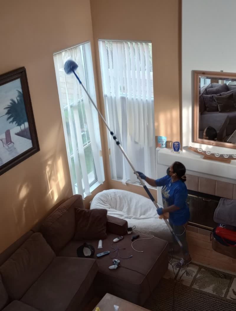 Cleaner dusting high windows with an extension pole